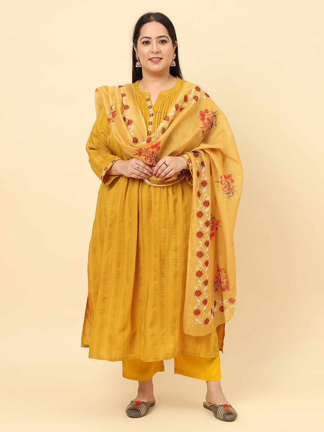 Women Yellow Embroidered Plus Size kurta with trouser and Dupatta