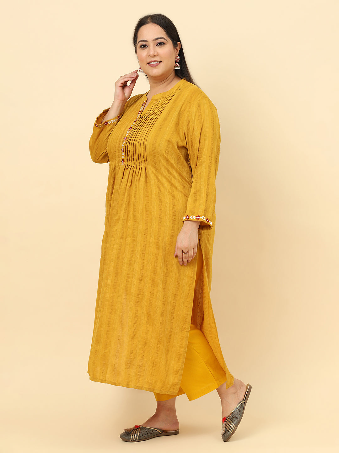 Women Yellow Embroidered Plus Size kurta with trouser and Dupatta