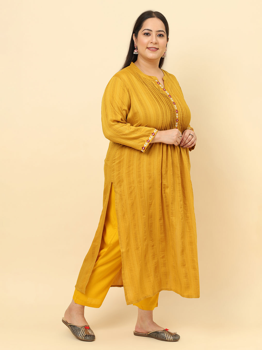 Women Yellow Embroidered Plus Size kurta with trouser and Dupatta