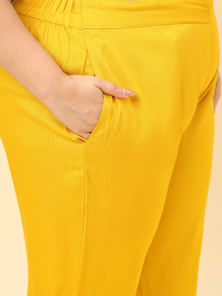 Women Yellow Embroidered Plus Size kurta with trouser and Dupatta