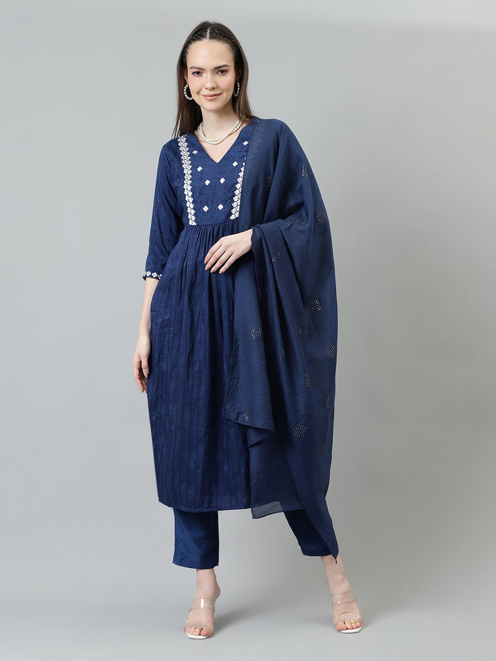 Women Blue Embroidered Nyra Cut Kurta with trousers and Dupatta