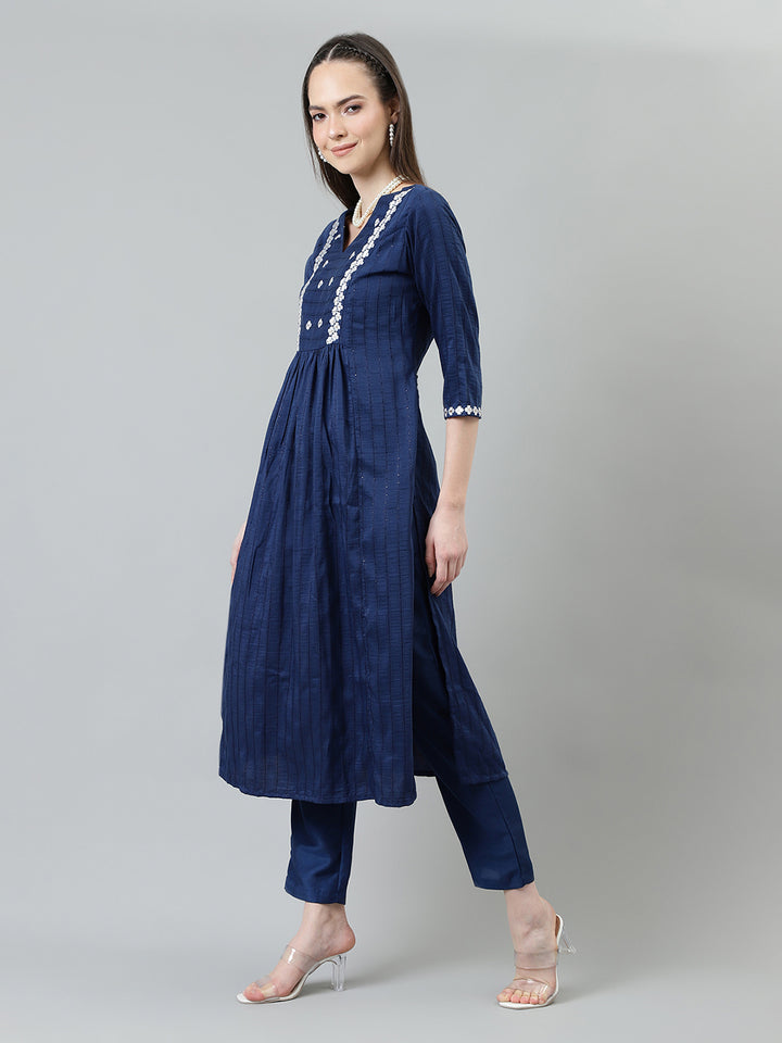 Women Blue Embroidered Nyra Cut Kurta with trousers and Dupatta