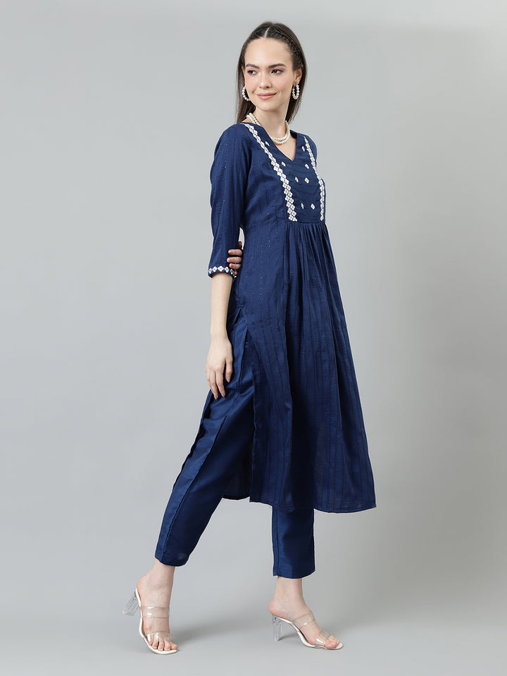 Women Blue Embroidered Nyra Cut Kurta with trousers and Dupatta