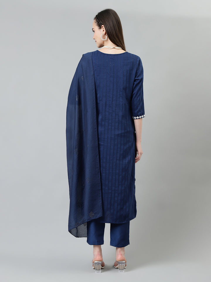 Women Blue Embroidered Nyra Cut Kurta with trousers and Dupatta