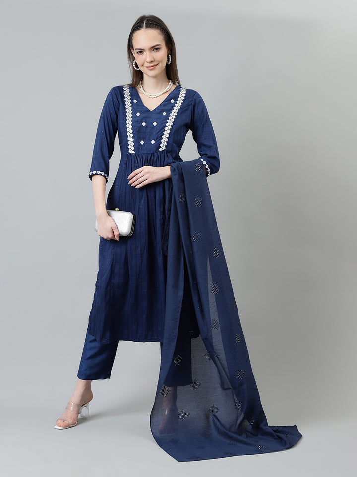 Women Blue Embroidered Nyra Cut Kurta with trousers and Dupatta