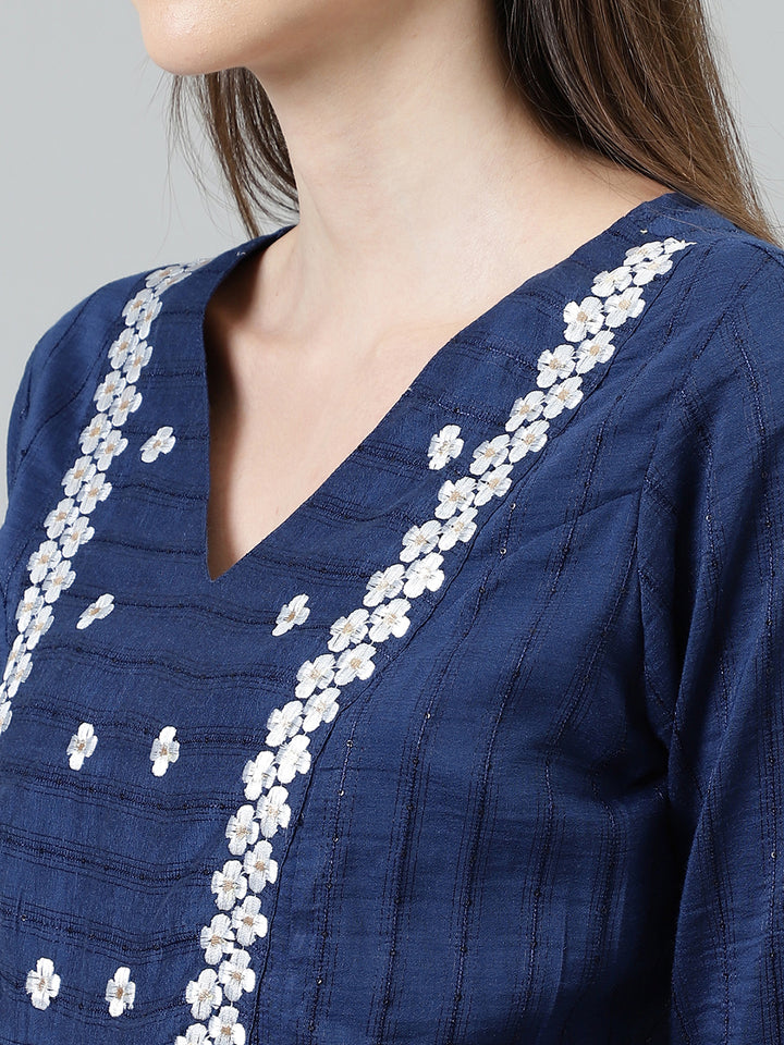 Women Blue Embroidered Nyra Cut Kurta with trousers and Dupatta