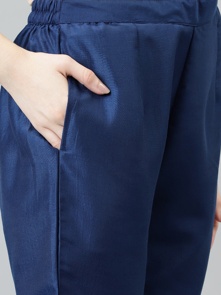 Women Blue Embroidered Nyra Cut Kurta with trousers and Dupatta