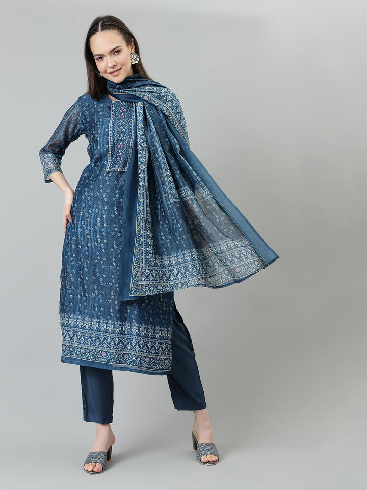Women Blue Printed Embroidered Kurta with Trousers and dupatta
