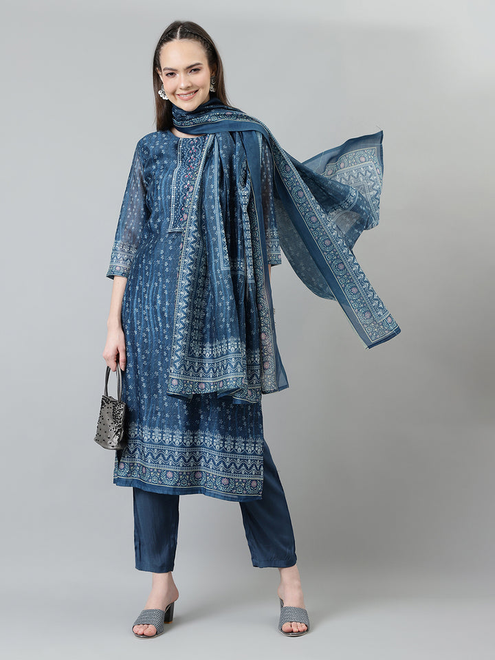 Women Blue Printed Embroidered Kurta with Trousers and dupatta