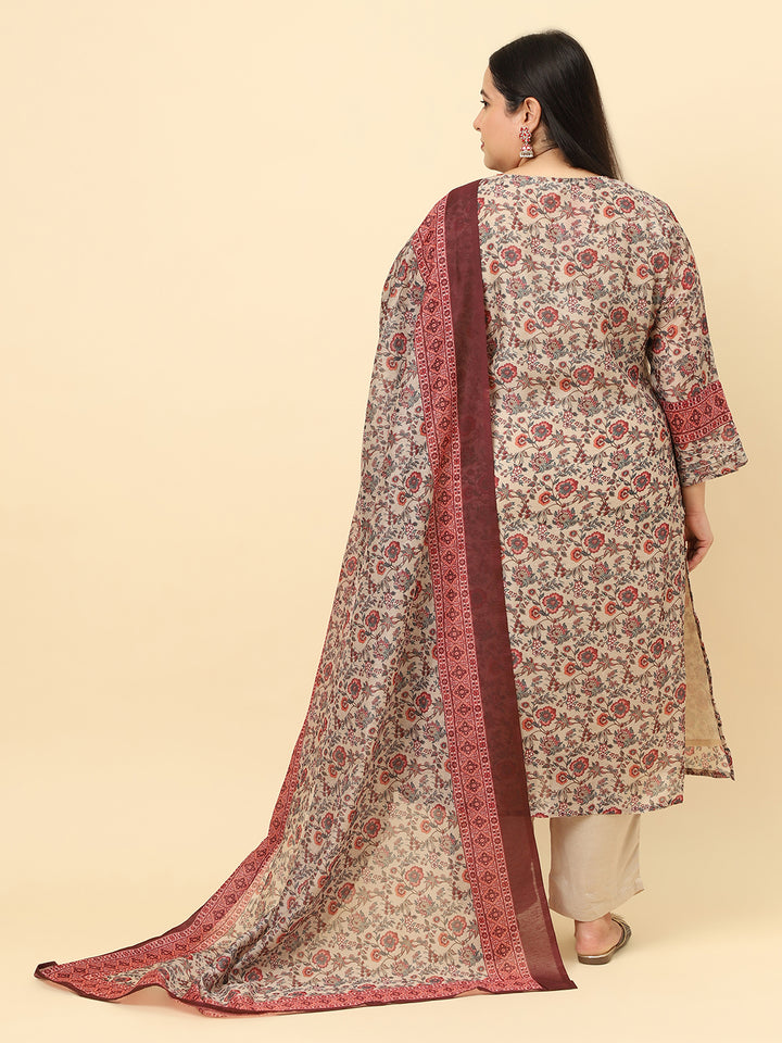 Women Multi Coloured Printed Plus Size Kurta with Trousers and dupatta