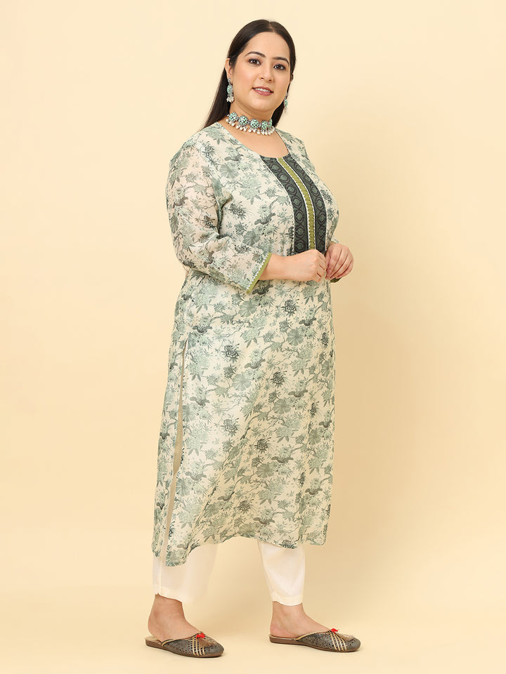 Women Green Printed Plus Size Kurta with Trousers and dupatta