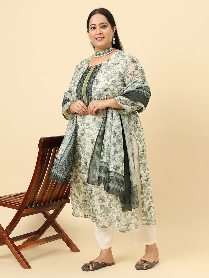Women Green Printed Plus Size Kurta with Trousers and dupatta