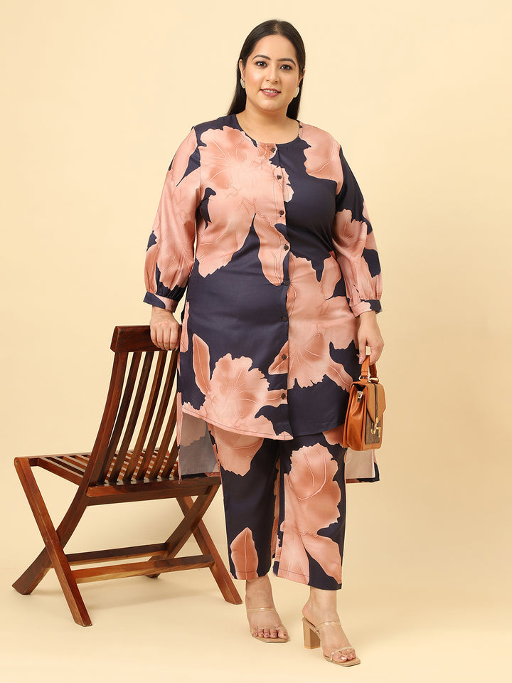 Women Blue Printed Plus Size  Co-cord Set