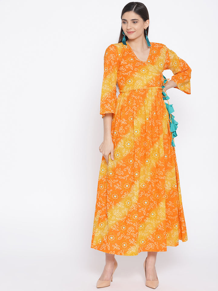 Women Orange and Yellow Bandhej Printed Cotton Kurta