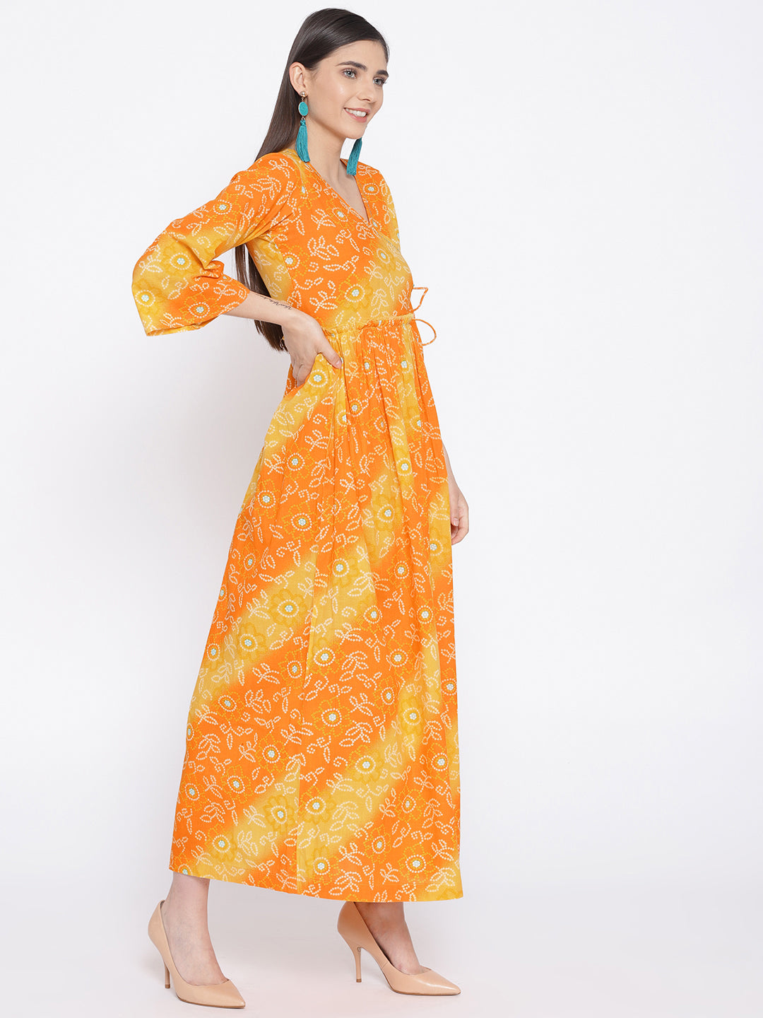 Women Orange and Yellow Bandhej Printed Cotton Kurta