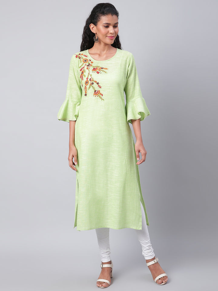 Women Green Embroidered Cotton Kurta