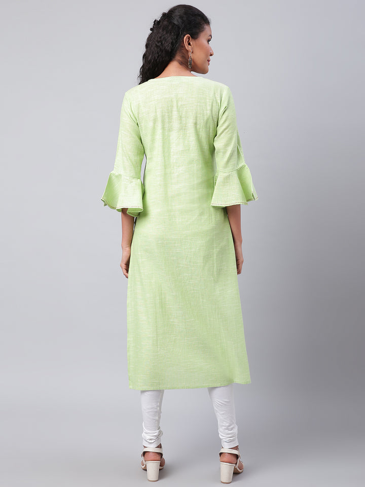 Women Green Embroidered Cotton Kurta
